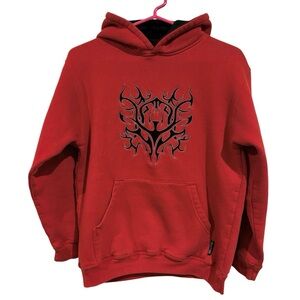 YOUTH Boys Medium Silver Point Pullover Hoodie Y2K Tribal Grunge, Red Vintage
